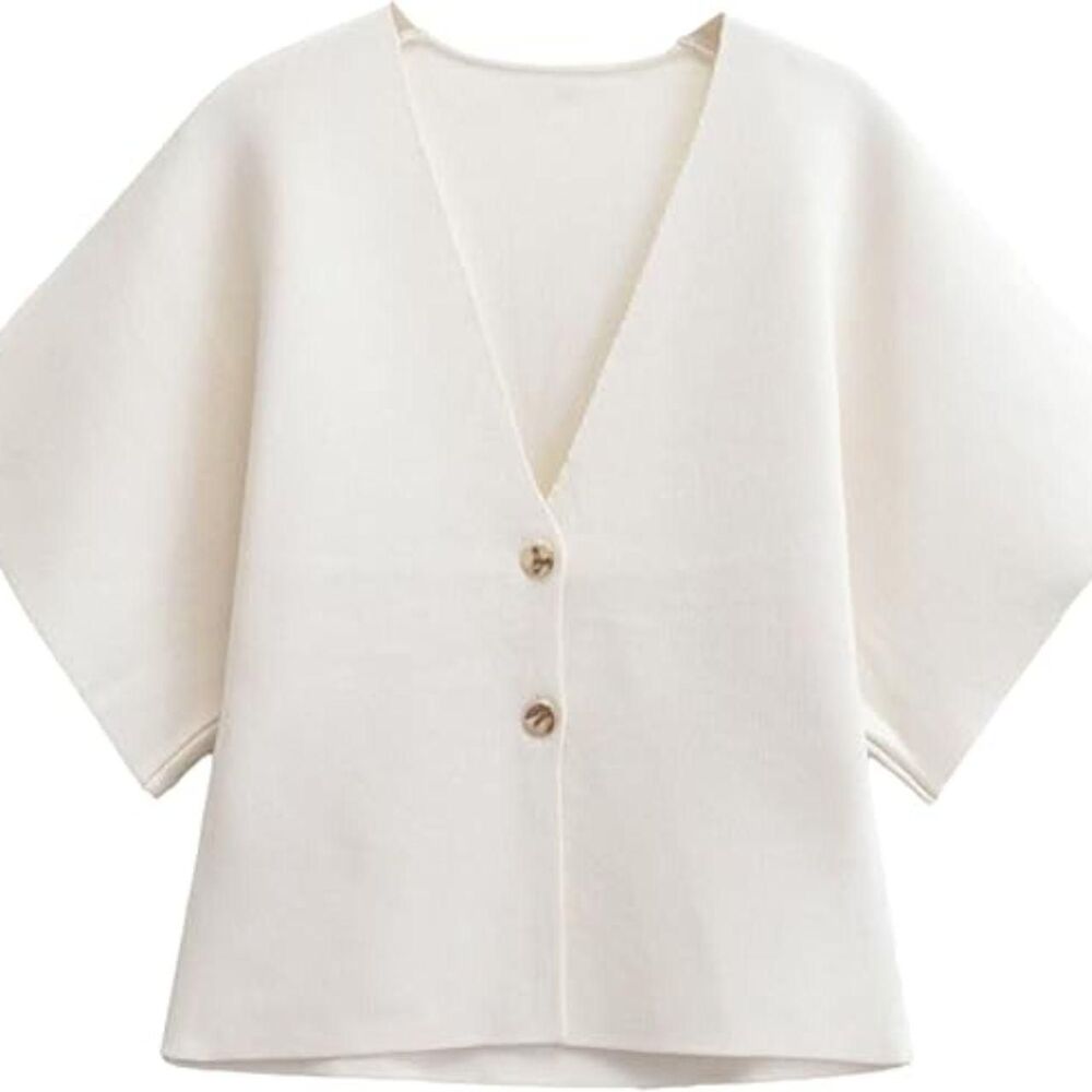 Quiet Luxury Beige Oversized Knit Button Cardigan V-Neck Lightweight Short Sleev - Picture 5 of 7